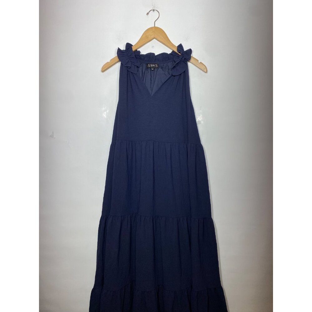 SSYS Women's The Reagan Maxi Dress Navy Blue Collared Tiered Pockets Size XL